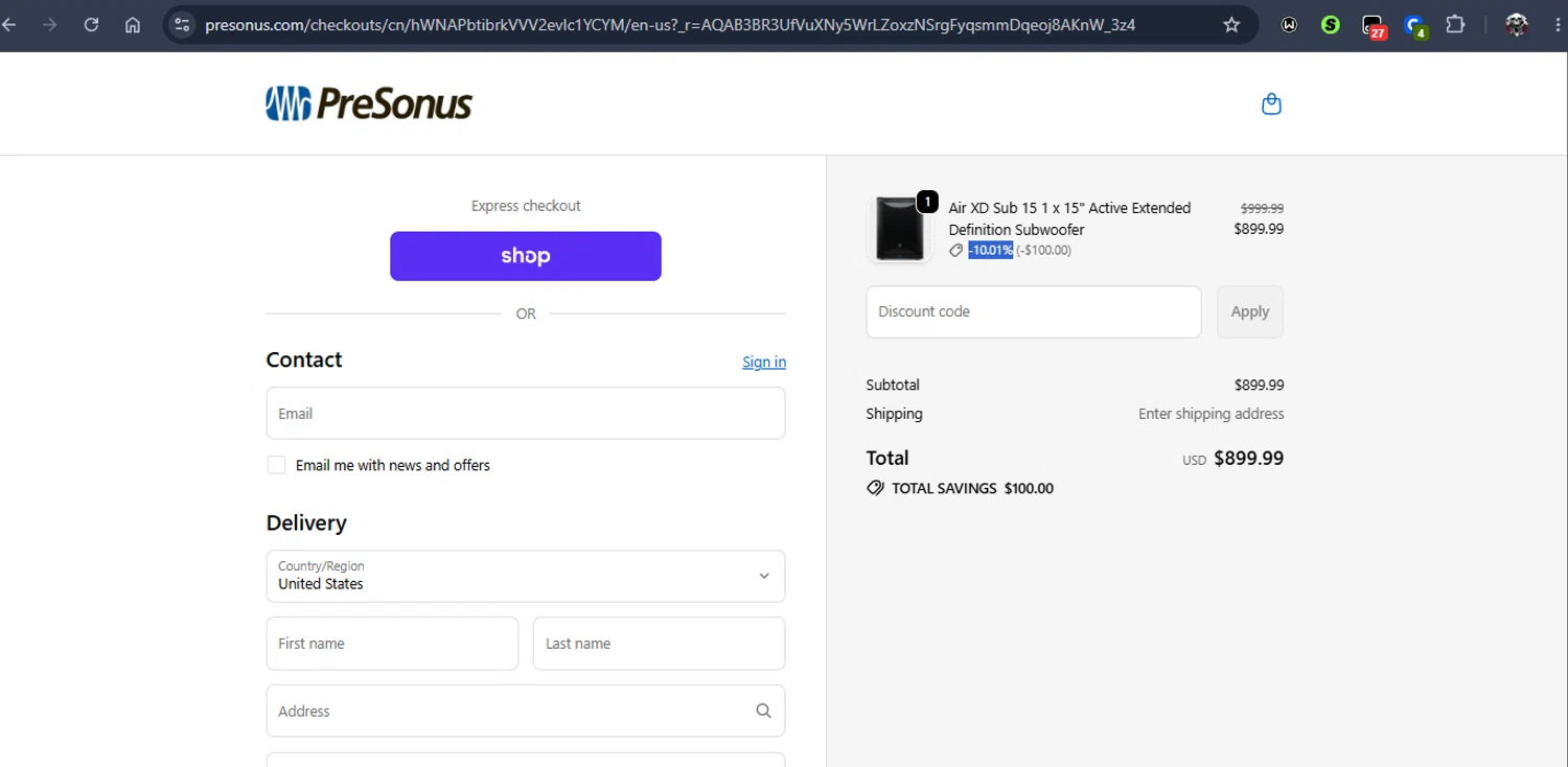 PreSonus promo code screenshot showing code -10.01% applied at PreSonus checkout page. Uploaded by SimplyCodes community member Jmhernand1 on Jun 9, 2026