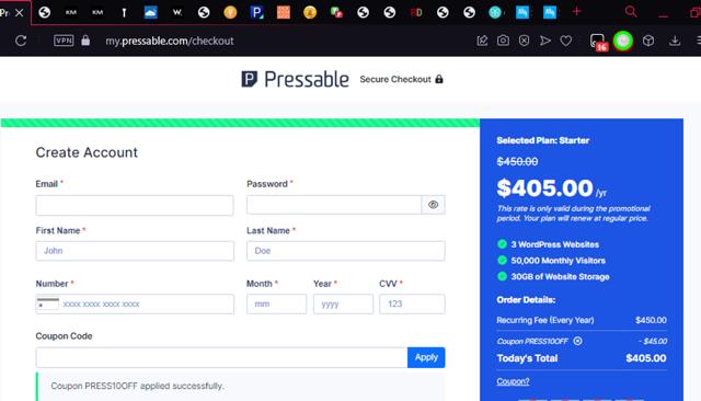 Pressable checkout page showing Pressable coupon code box | Screenshot taken by SimplyCodes community member on Jan 10, 2024