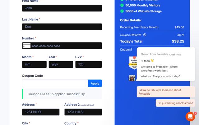 Pressable checkout page showing Pressable coupon code box | Screenshot taken by SimplyCodes community member on Mar 24, 2024