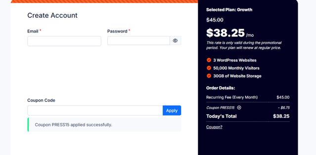Pressable checkout page showing Pressable coupon code box | Screenshot taken by SimplyCodes community member on Dec 31, 2024