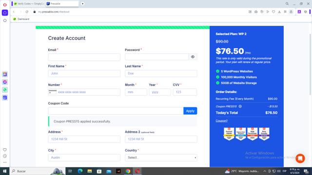 Pressable checkout page showing Pressable coupon code box | Screenshot taken by SimplyCodes community member on May 4, 2024