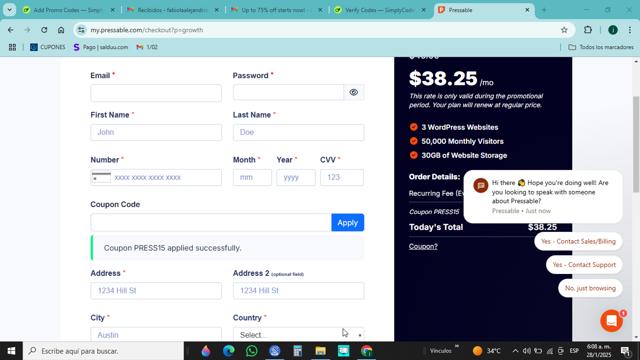 Pressable checkout page showing Pressable coupon code box | Screenshot taken by SimplyCodes community member on Jan 28, 2025