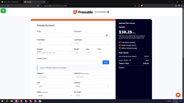Pressable checkout page showing Pressable coupon code box | Screenshot taken by SimplyCodes community member on Feb 27, 2025