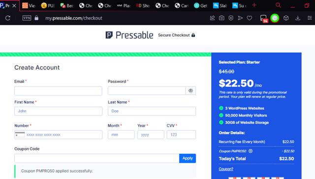 Pressable checkout page showing Pressable coupon code box | Screenshot taken by SimplyCodes community member on Jan 10, 2024