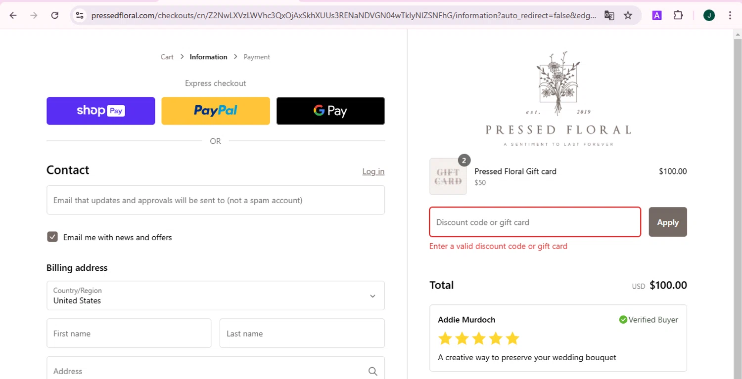 Pressed Floral discount code screenshot showing code GIFTCARD applied at Pressed Floral checkout page. Uploaded by SimplyCodes community member ShieldCaptain7812 on Jan 18, 2025