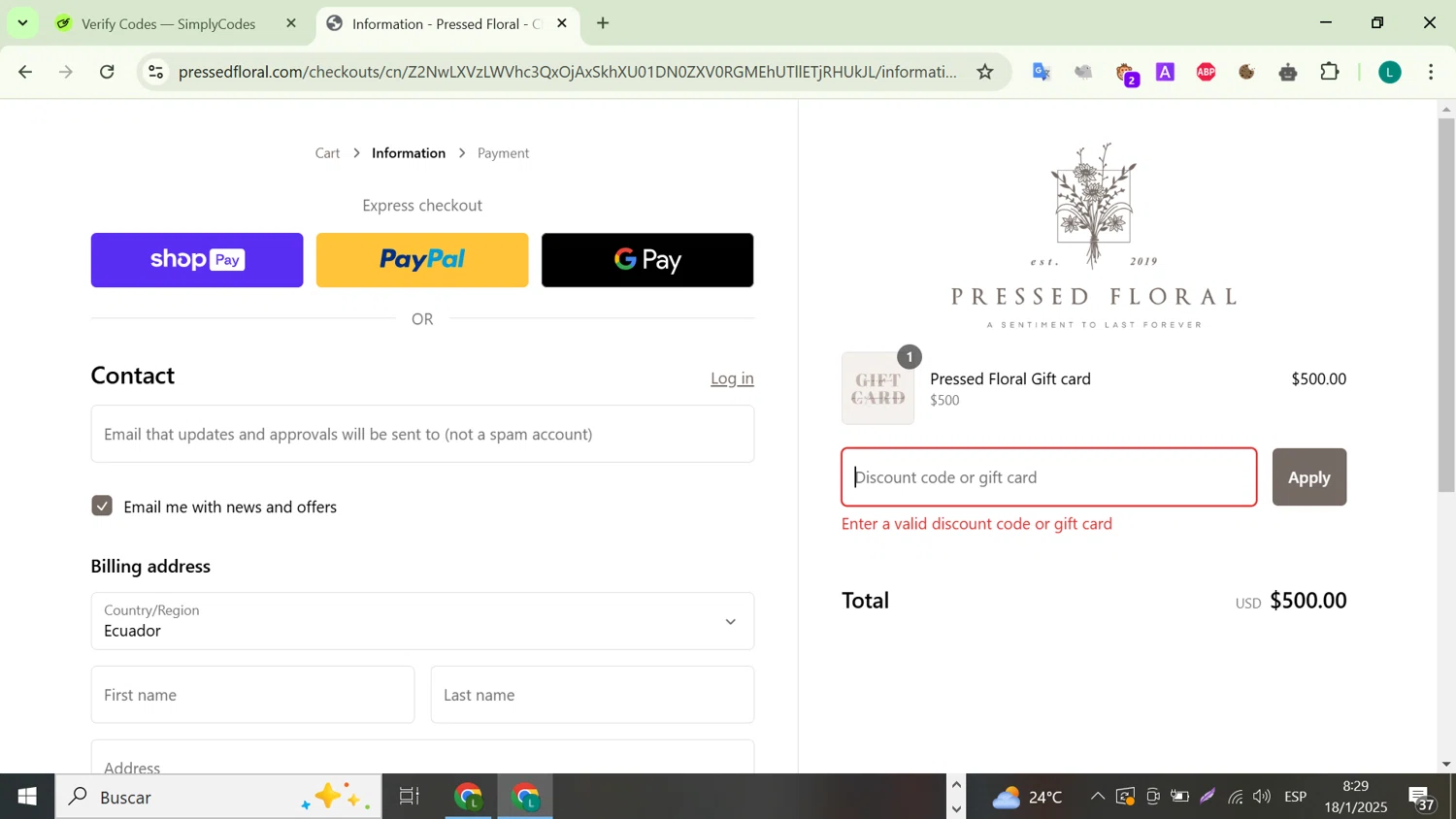 Pressed Floral discount code screenshot showing code GIFTCARD applied at Pressed Floral checkout page. Uploaded by SimplyCodes community member VictoriousTiger2507 on Jan 18, 2025