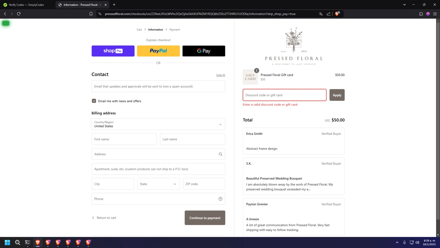 Pressed Floral discount code screenshot showing code GIFTCARD applied at Pressed Floral checkout page. Uploaded by SimplyCodes community member HUMANIZER on Jan 18, 2025