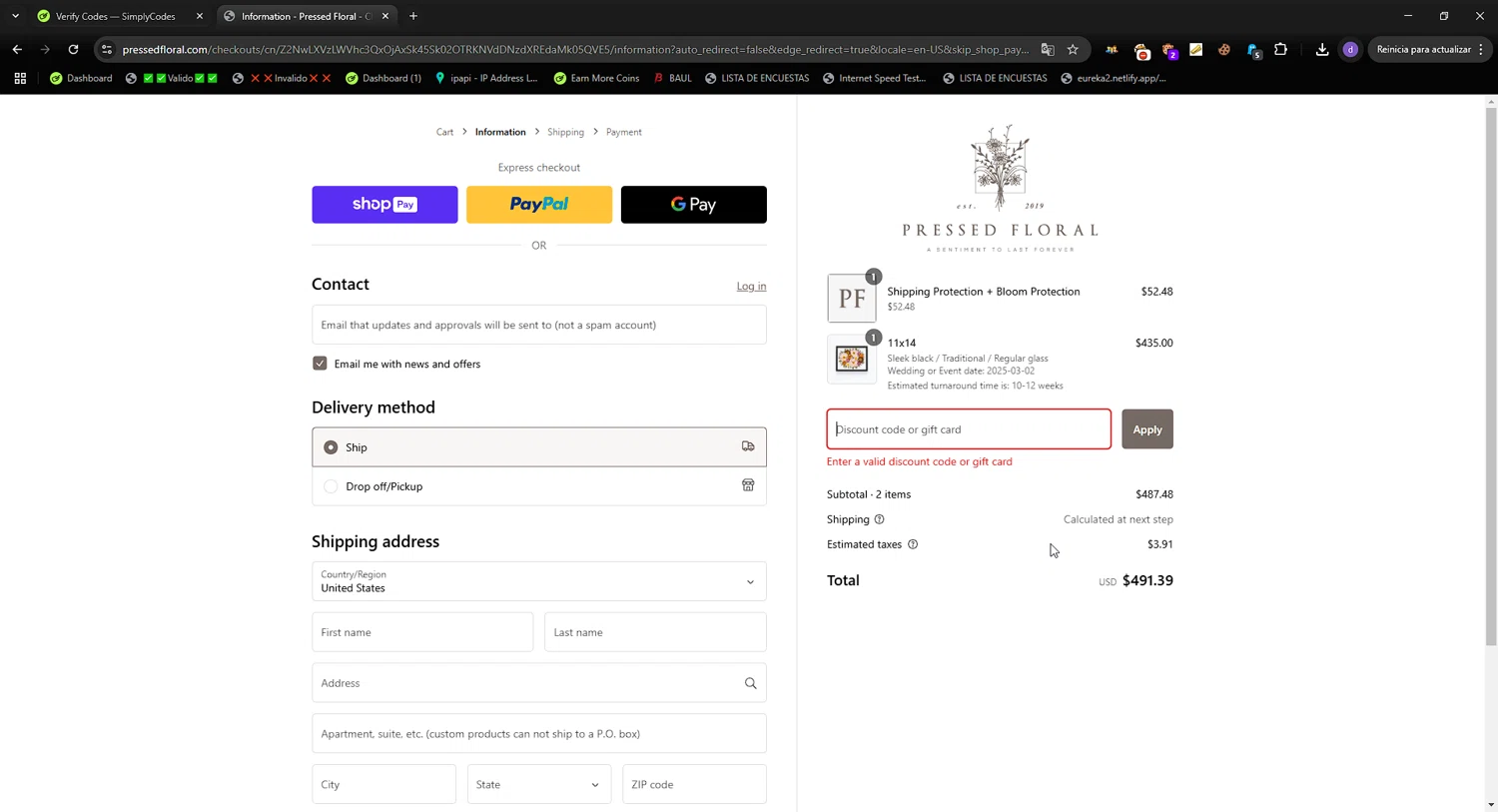 Pressed Floral discount code screenshot showing code VDAY10 applied at Pressed Floral checkout page. Uploaded by SimplyCodes community member SavvySeeker200 on Mar 1, 2025