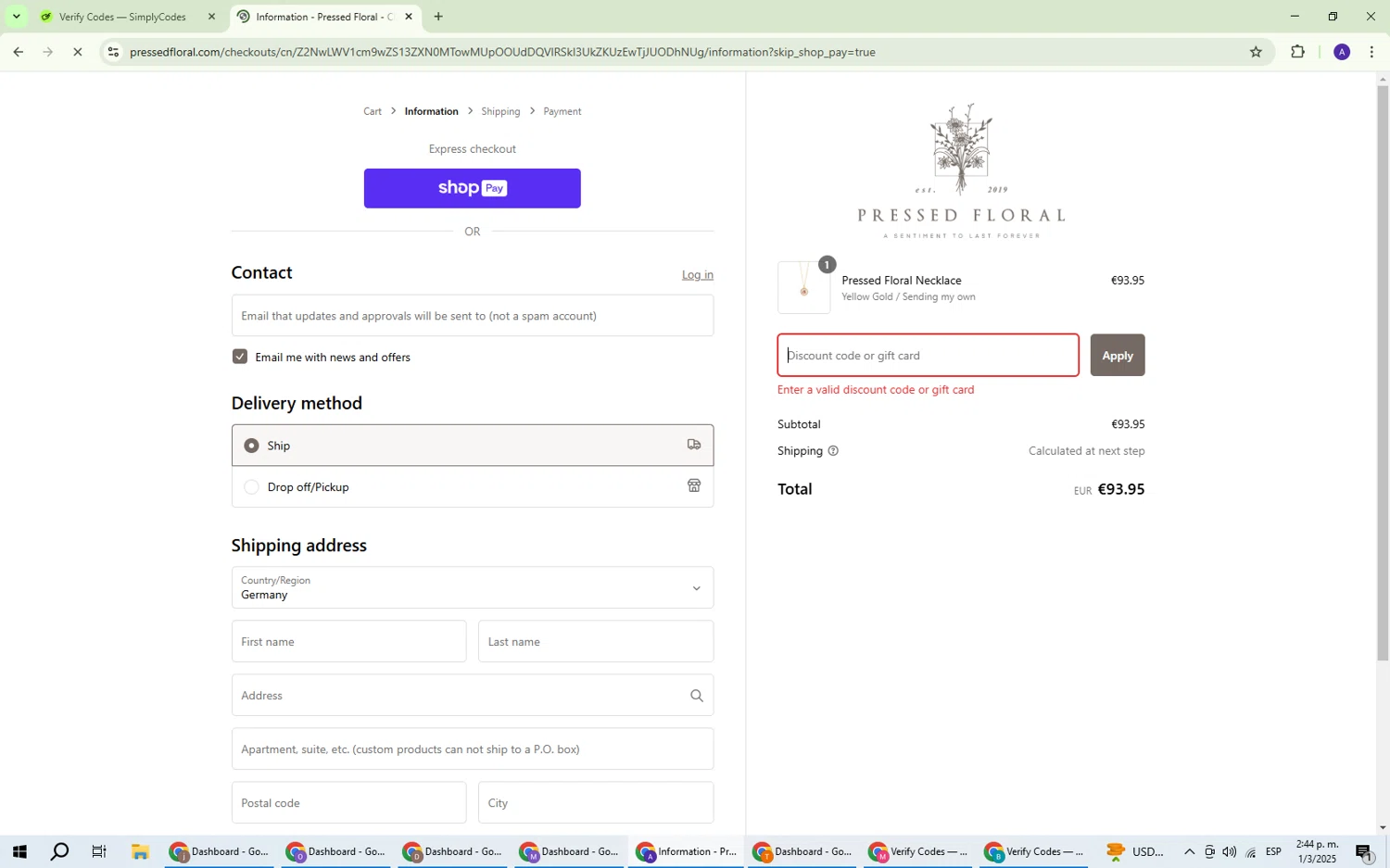 Pressed Floral discount code screenshot showing code VDAY10 applied at Pressed Floral checkout page. Uploaded by SimplyCodes community member ThriftySentinel2853 on Mar 1, 2025