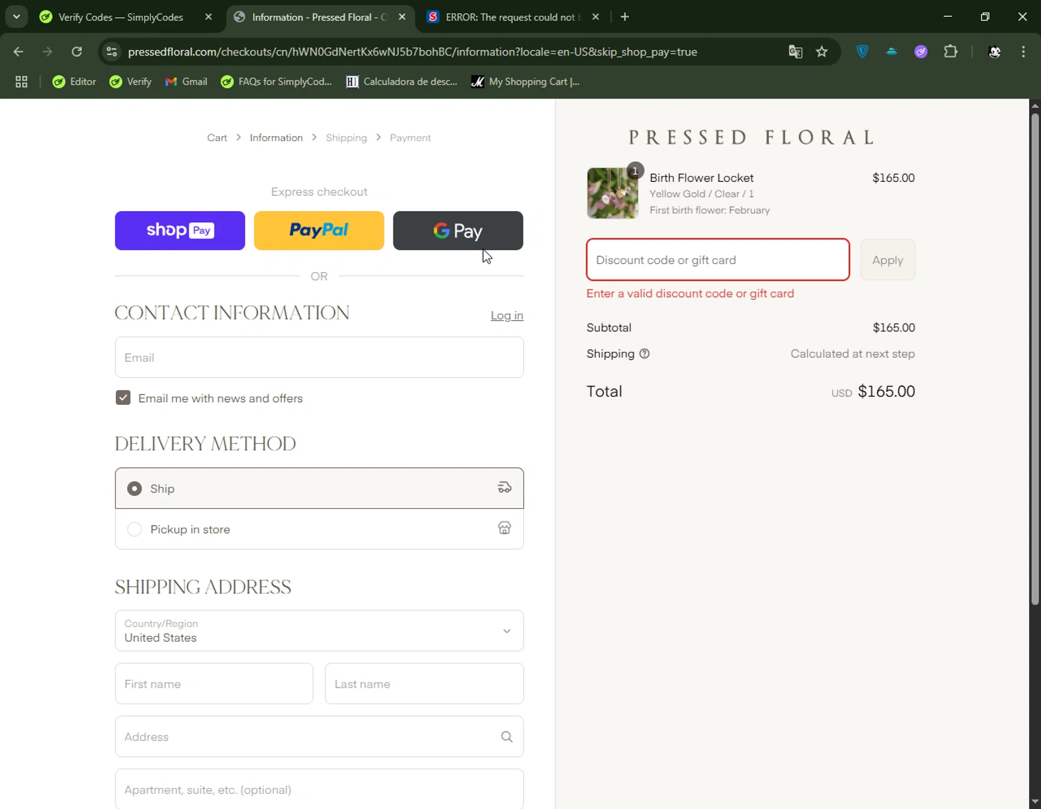 Pressed Floral discount code screenshot showing code FREEGIFT applied at Pressed Floral checkout page. Uploaded by SimplyCodes community member FelixelGato on Jul 5, 2025