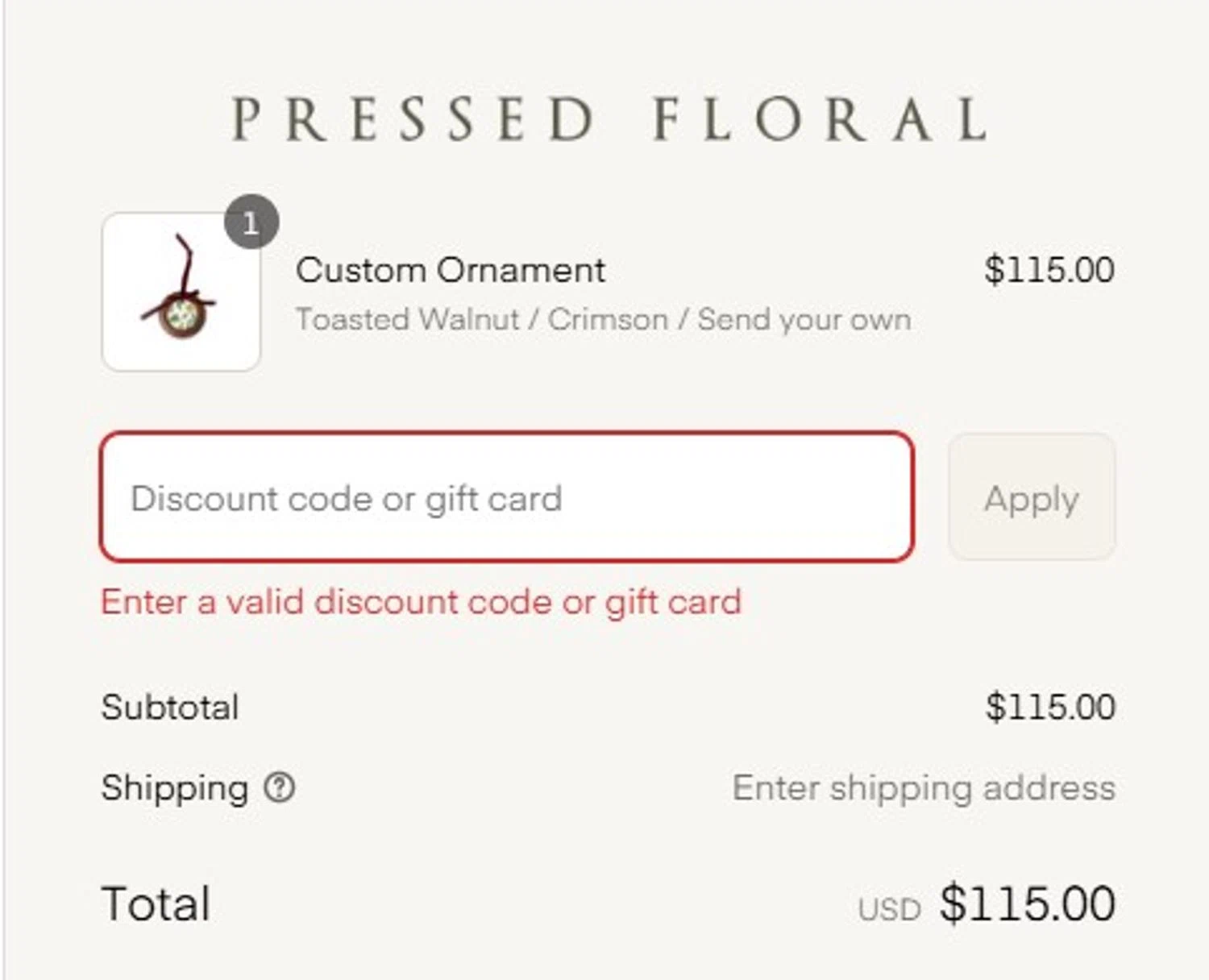 Pressed Floral discount code screenshot showing code FREEGIFT applied at Pressed Floral checkout page. Uploaded by SimplyCodes community member FortunateScholar5901 on Jul 5, 2025