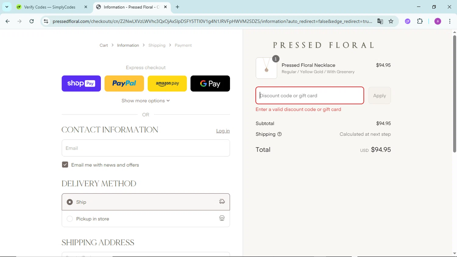 Pressed Floral discount code screenshot showing code FREEGIFT applied at Pressed Floral checkout page. Uploaded by SimplyCodes community member PennyBoss9589 on Jul 5, 2025