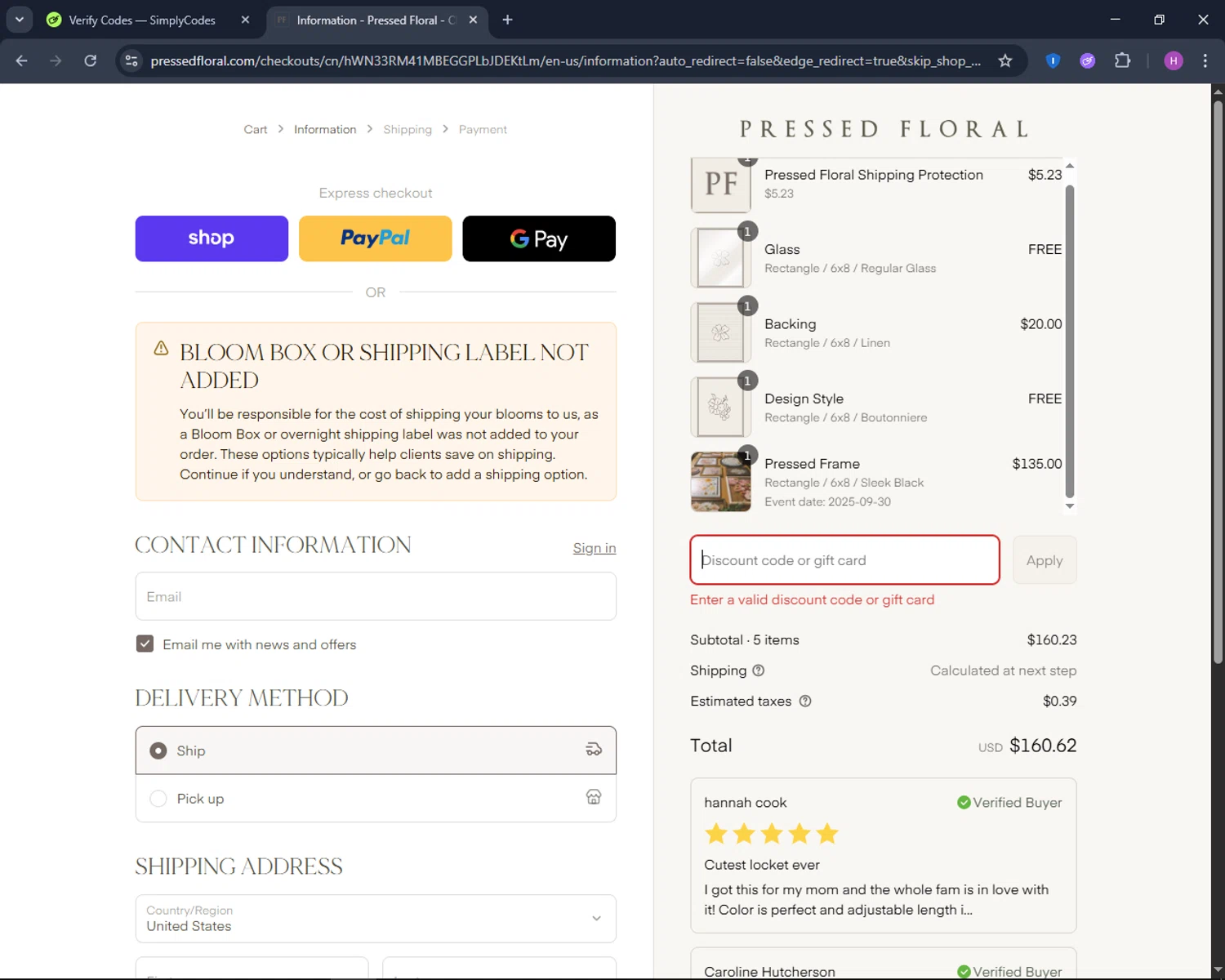 Pressed Floral discount code screenshot showing code PLANTSCAPING applied at Pressed Floral checkout page. Uploaded by SimplyCodes community member TokenNavigator6891 on Sep 16, 2025
