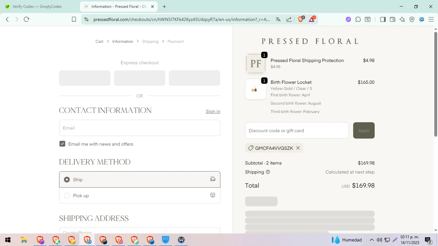 Pressed Floral discount code screenshot showing code GMCFA4VVGSZK applied at Pressed Floral checkout page. Uploaded by SimplyCodes community member ExtraordinarySeeker8039 on Nov 14, 2025