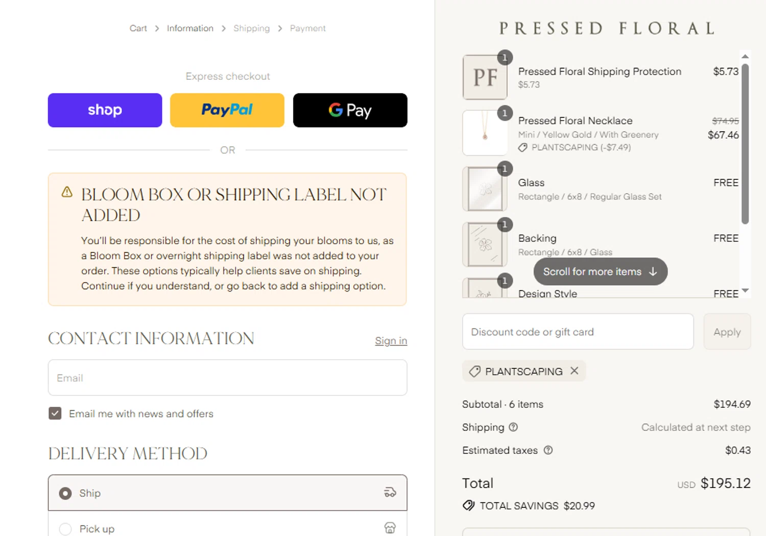 Pressed Floral discount code screenshot showing code PLANTSCAPING applied at Pressed Floral checkout page. Uploaded by SimplyCodes community member ashe1986 on Sep 10, 2025