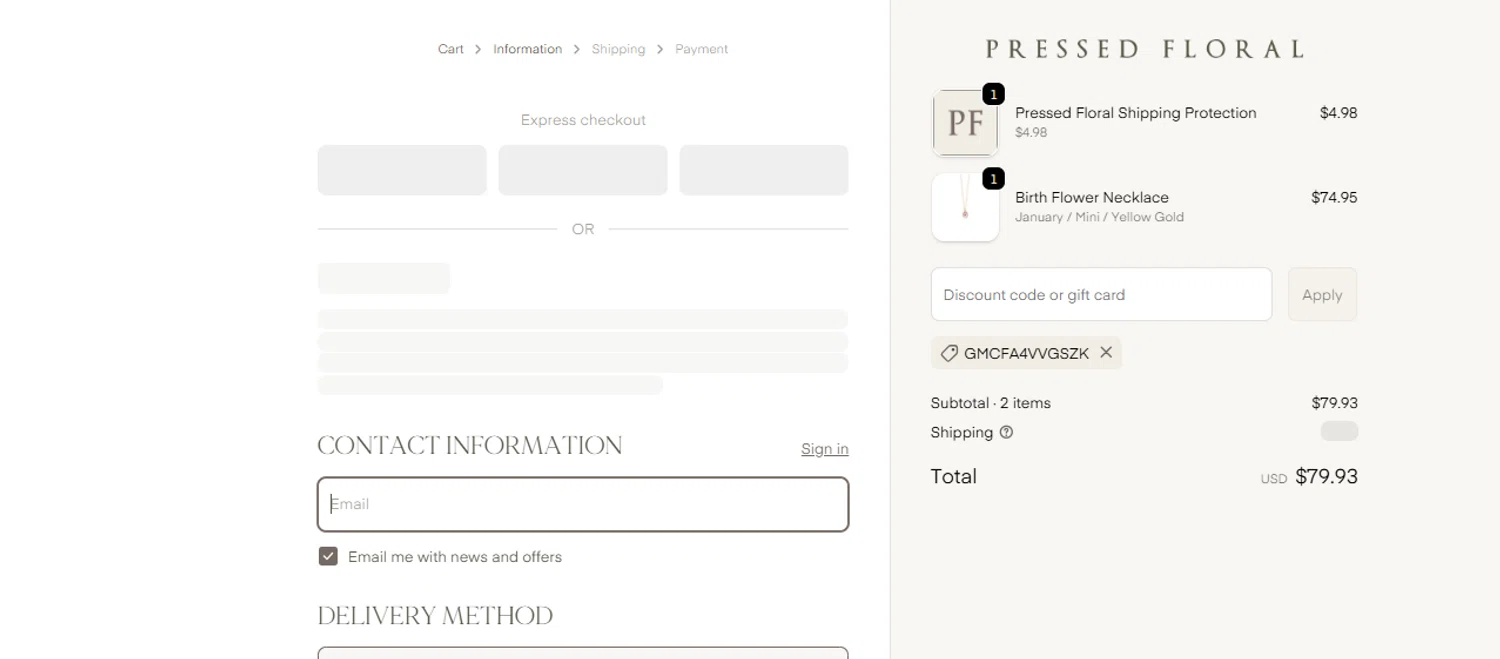 Pressed Floral discount code screenshot showing code GMCFA4VVGSZK applied at Pressed Floral checkout page. Uploaded by SimplyCodes community member ashe1986 on Oct 23, 2025