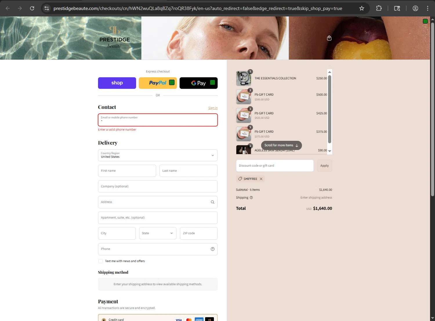 PRESTIDGE beauté promo code screenshot showing code SHIPFREE applied at PRESTIDGE beauté checkout page. Uploaded by SimplyCodes community member 61664350 on Sep 14, 2025