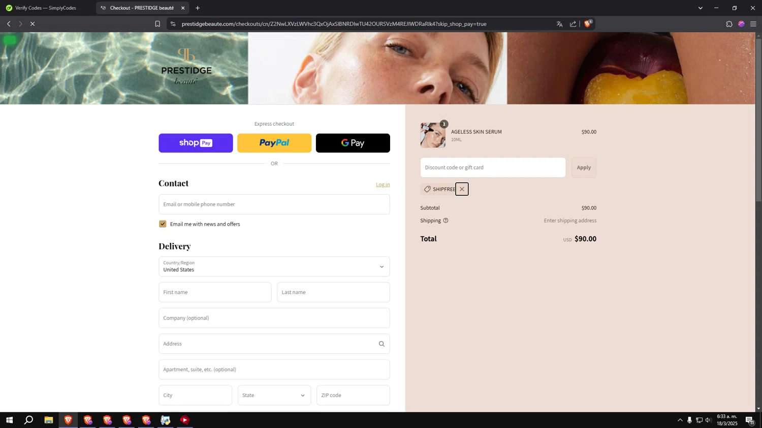 PRESTIDGE beauté promo code screenshot showing code SHIPFREE applied at PRESTIDGE beauté checkout page. Uploaded by SimplyCodes community member INSECTOS on Mar 18, 2025