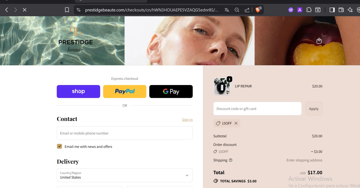 PRESTIDGE beauté promo code screenshot showing code 15OFF applied at PRESTIDGE beauté checkout page. Uploaded by SimplyCodes community member CashElite5536 on Sep 22, 2025