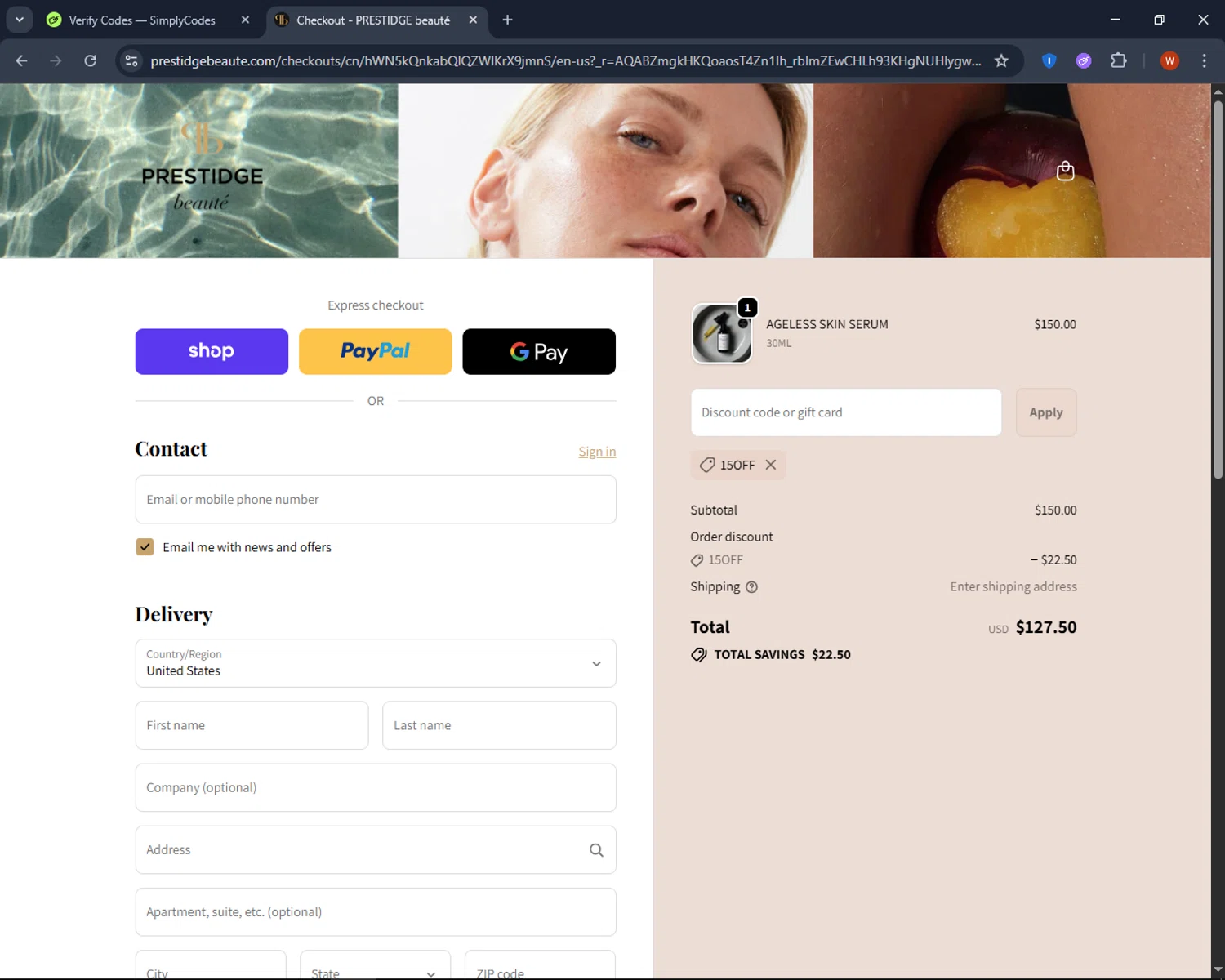 PRESTIDGE beauté promo code screenshot showing code 15OFF applied at PRESTIDGE beauté checkout page. Uploaded by SimplyCodes community member CashPro9699 on Nov 26, 2025