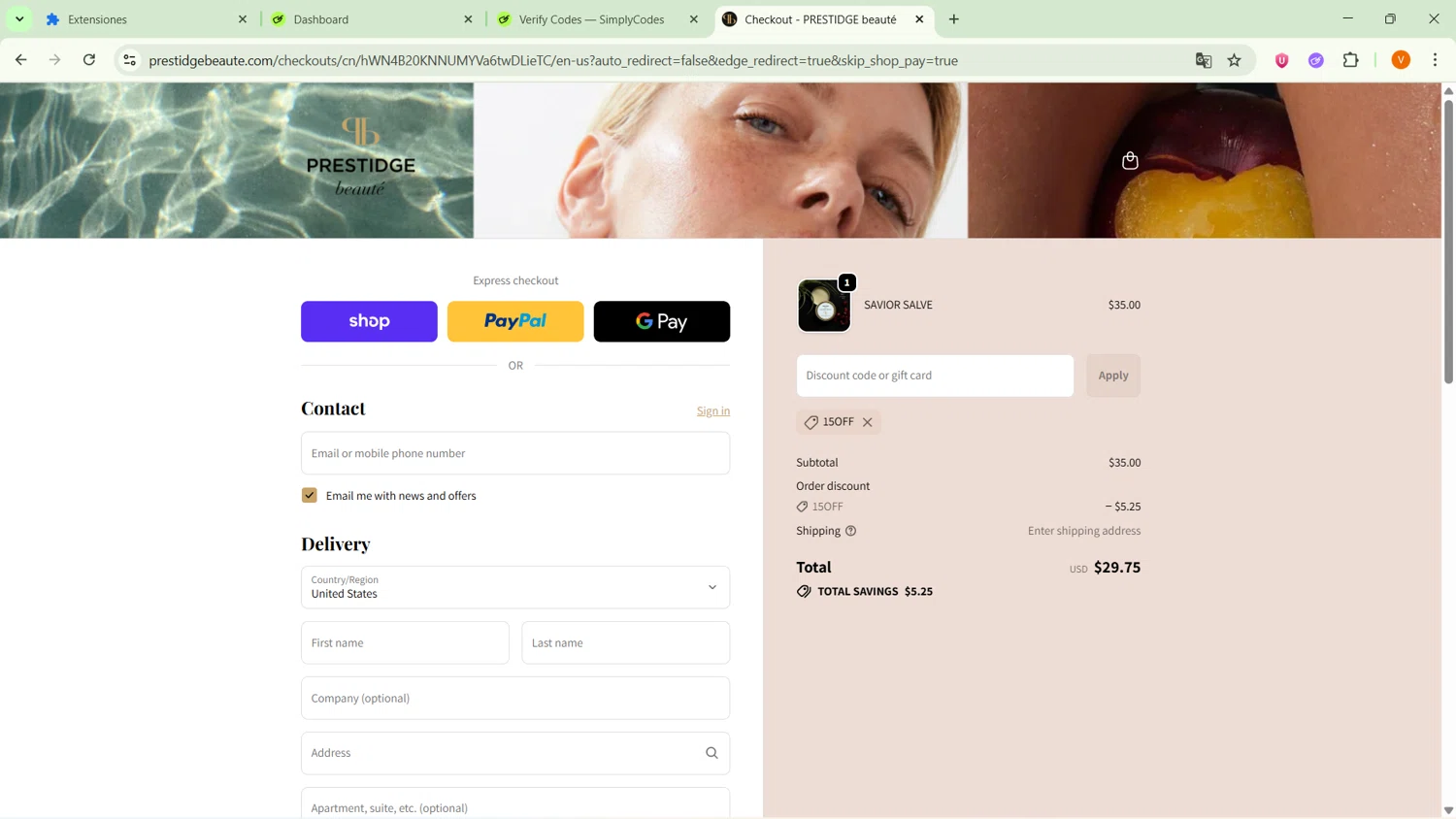 PRESTIDGE beauté promo code screenshot showing code 15OFF applied at PRESTIDGE beauté checkout page. Uploaded by SimplyCodes community member MightyPro2893 on Oct 16, 2025