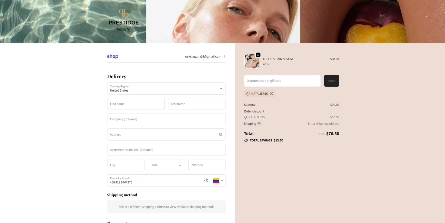 PRESTIDGE beauté promo code screenshot showing code NATALIER15 applied at PRESTIDGE beauté checkout page. Uploaded by SimplyCodes community member Elosox on Nov 21, 2025