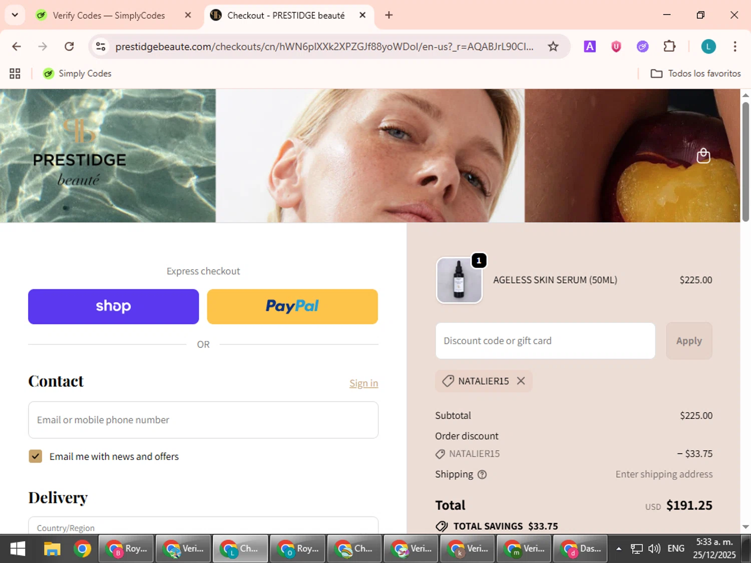 PRESTIDGE beauté promo code screenshot showing code NATALIER15 applied at PRESTIDGE beauté checkout page. Uploaded by SimplyCodes community member LuckyLegend792 on Dec 25, 2025