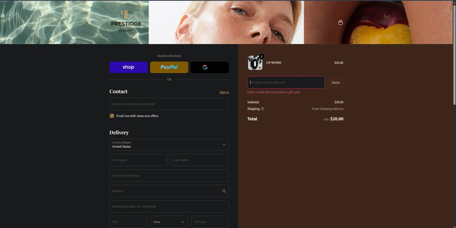 PRESTIDGE beauté promo code screenshot showing code MASSBLACKOUT applied at PRESTIDGE beauté checkout page. Uploaded by SimplyCodes community member CodeRanger4147 on Dec 7, 2025