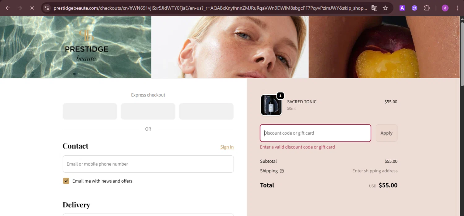 PRESTIDGE beauté promo code screenshot showing code MASSBLACKOUT applied at PRESTIDGE beauté checkout page. Uploaded by SimplyCodes community member PennyTiger4891 on Dec 7, 2025