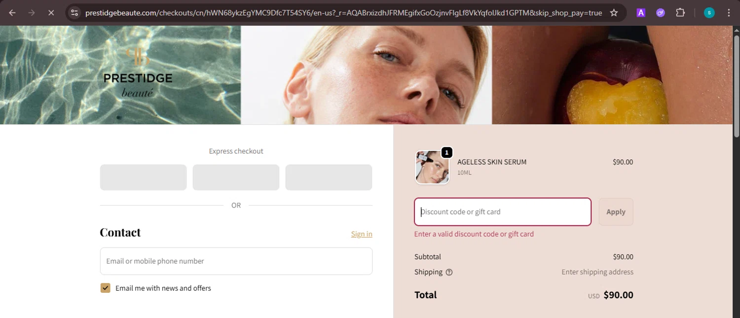 PRESTIDGE beauté promo code screenshot showing code MASSBLACKOUT applied at PRESTIDGE beauté checkout page. Uploaded by SimplyCodes community member ValiantChaser7723 on Dec 7, 2025