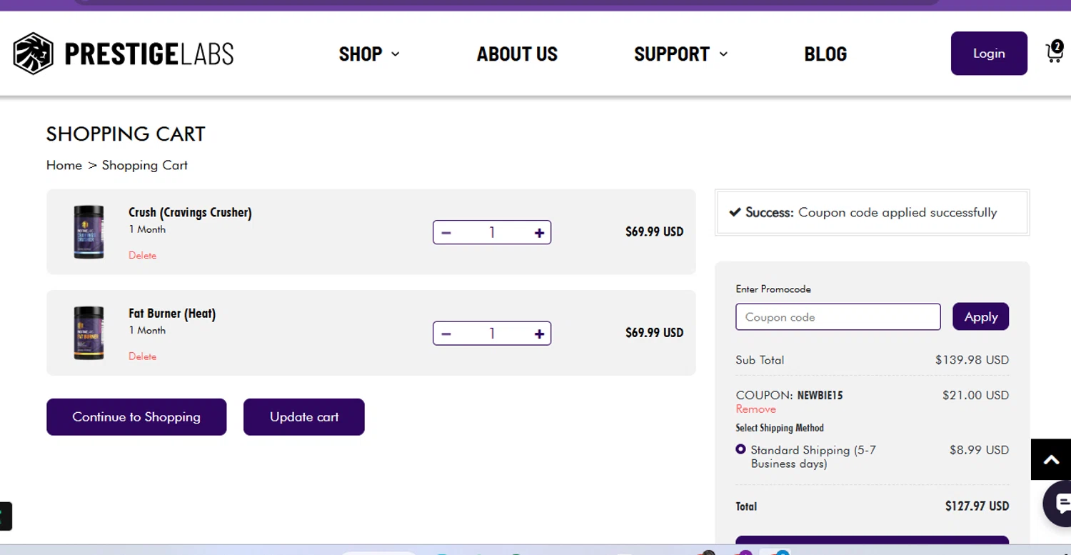 Prestige Labs coupon code screenshot showing code NEWBIE15 applied at Prestige Labs checkout page. Uploaded by SimplyCodes community member FrugalVirtuoso6318 on Nov 22, 2025