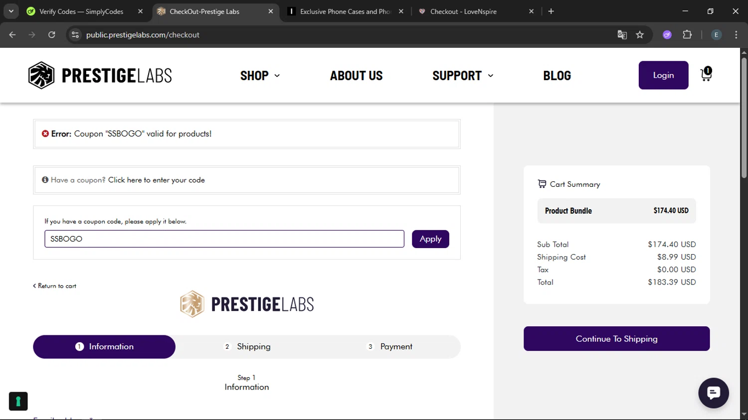Prestige Labs checkout page showing Prestige Labs coupon code box | Screenshot taken by SimplyCodes community member on Sep 9, 2025