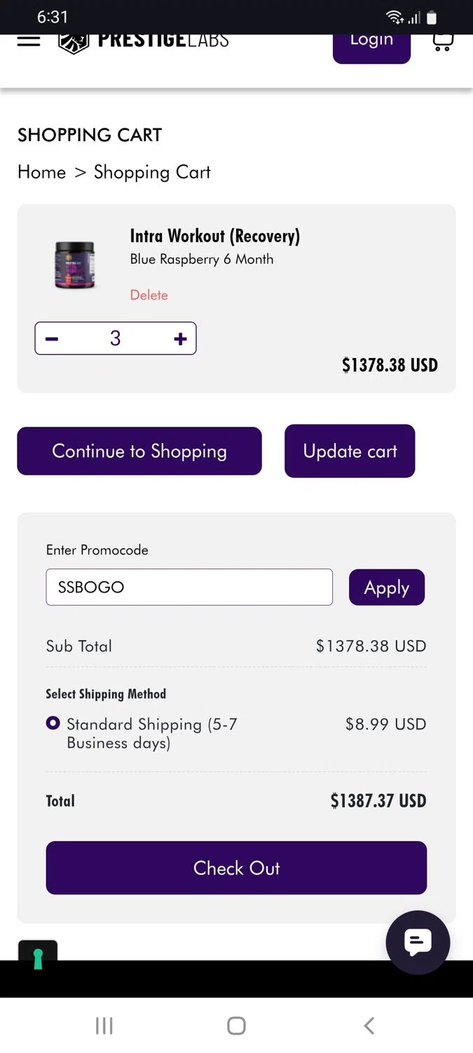 Prestige Labs coupon code screenshot showing code SSBOGO applied at Prestige Labs checkout page. Uploaded by SimplyCodes community member tulioriera on Oct 8, 2025