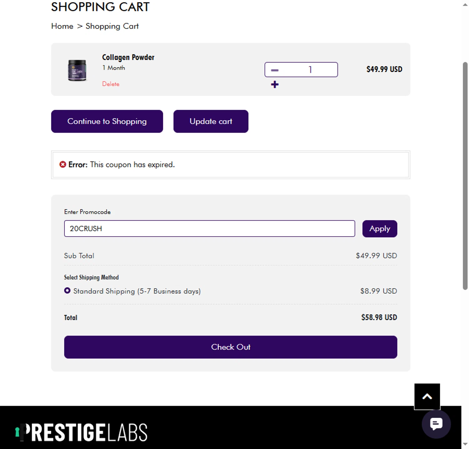 Prestige Labs coupon code screenshot showing code 20CRUSH applied at Prestige Labs checkout page. Uploaded by SimplyCodes community member BeaMartinez on Jan 17, 2026