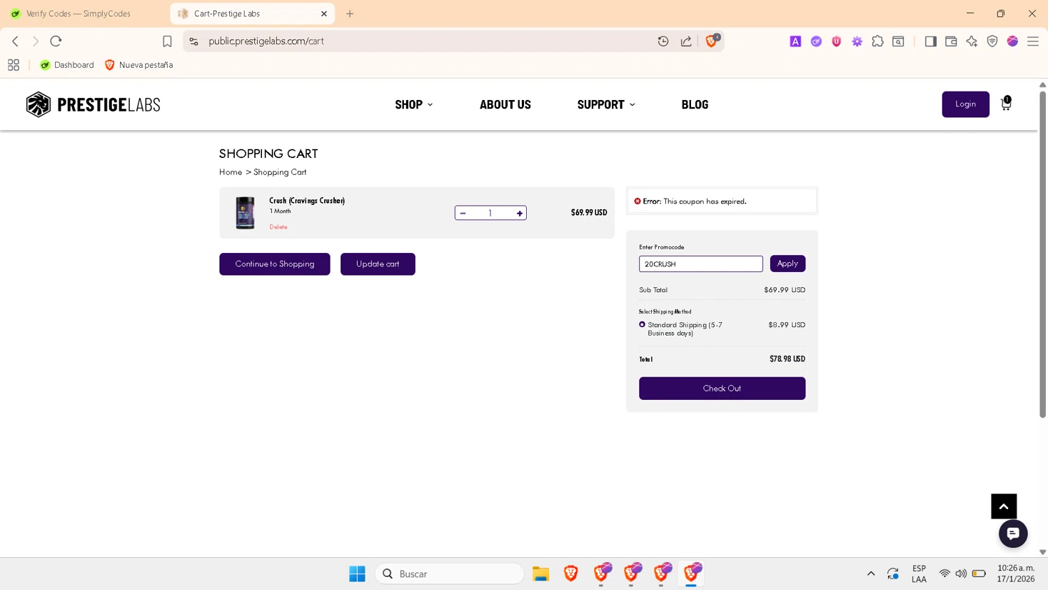 Prestige Labs coupon code screenshot showing code 20CRUSH applied at Prestige Labs checkout page. Uploaded by SimplyCodes community member PrimeWhiz4850 on Jan 17, 2026