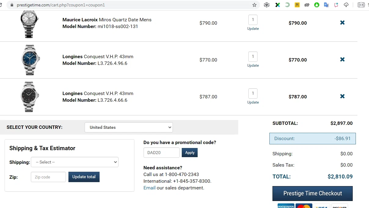 PrestigeTime checkout page showing PrestigeTime promo code box | Screenshot taken by SimplyCodes community member on Jun 22, 2020