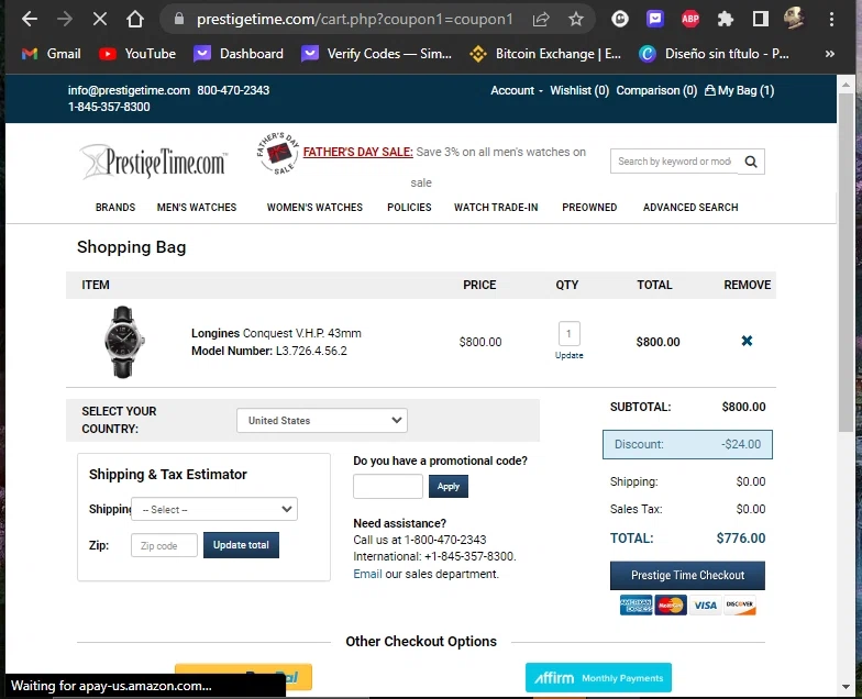 PrestigeTime checkout page showing PrestigeTime promo code box | Screenshot taken by SimplyCodes community member on Jun 1, 2023