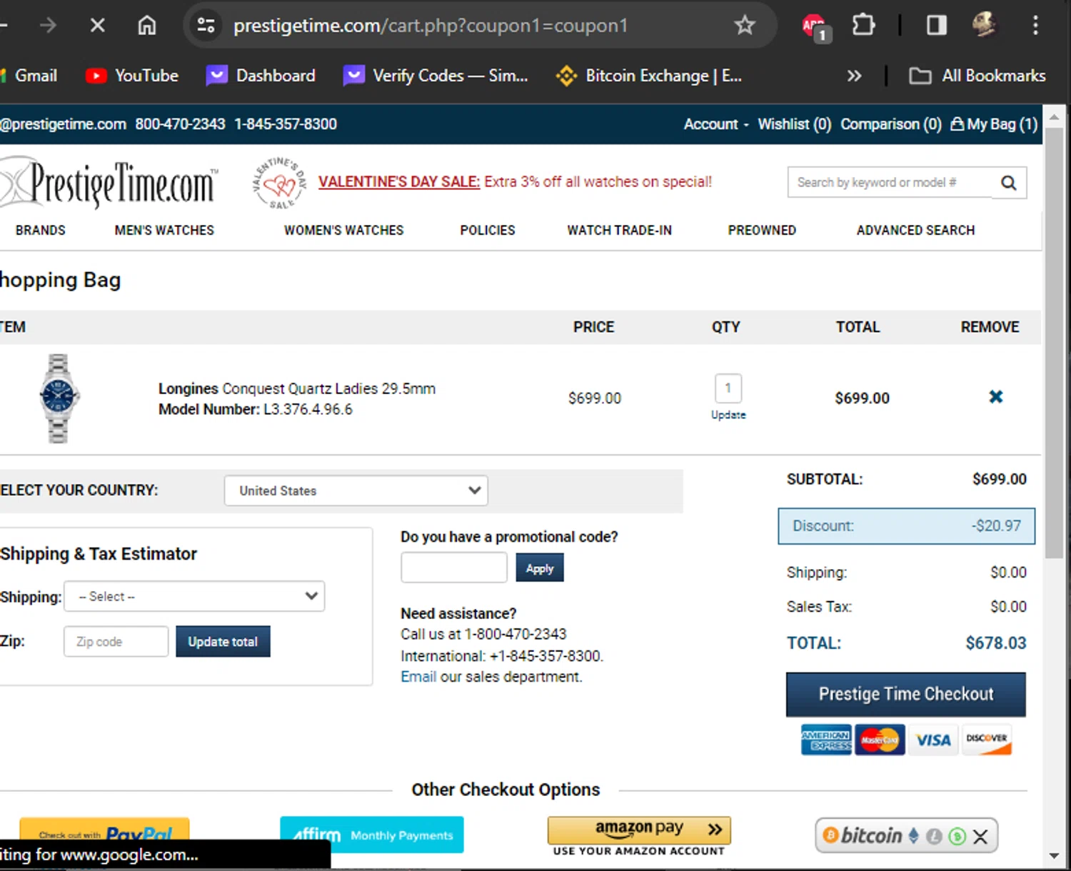 PrestigeTime checkout page showing PrestigeTime promo code box | Screenshot taken by SimplyCodes community member on Feb 1, 2024
