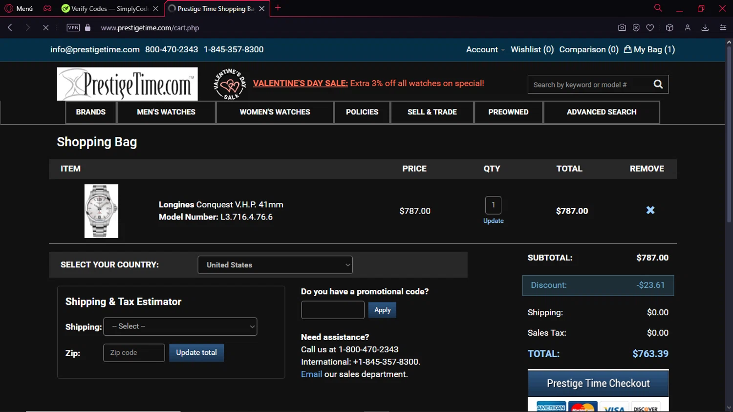 PrestigeTime checkout page showing PrestigeTime promo code box | Screenshot taken by SimplyCodes community member on Jan 30, 2025