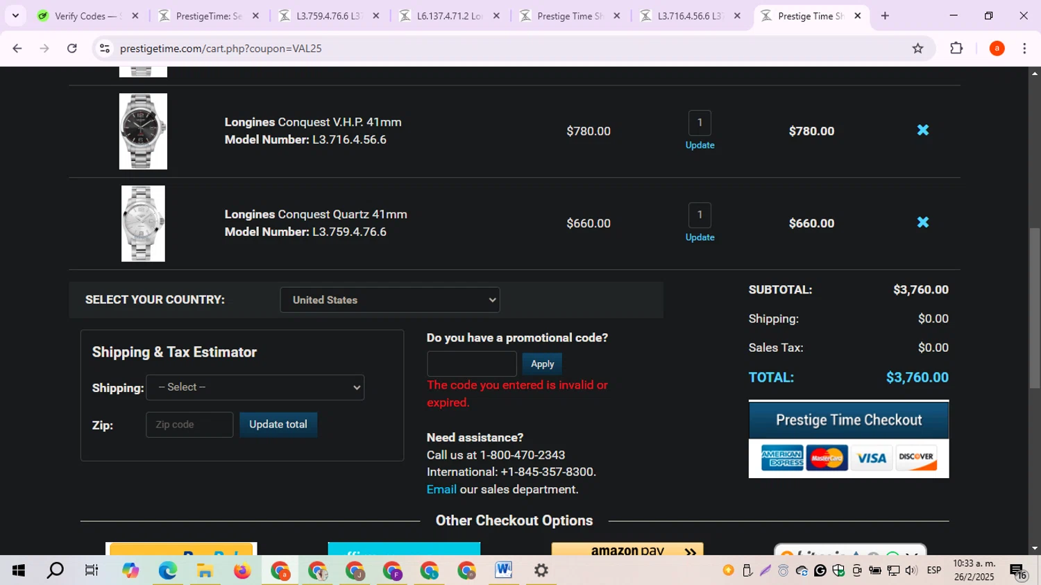 PrestigeTime promo code screenshot showing code VAL25 applied at PrestigeTime checkout page. Uploaded by SimplyCodes community member CoinPro3144 on Feb 26, 2025