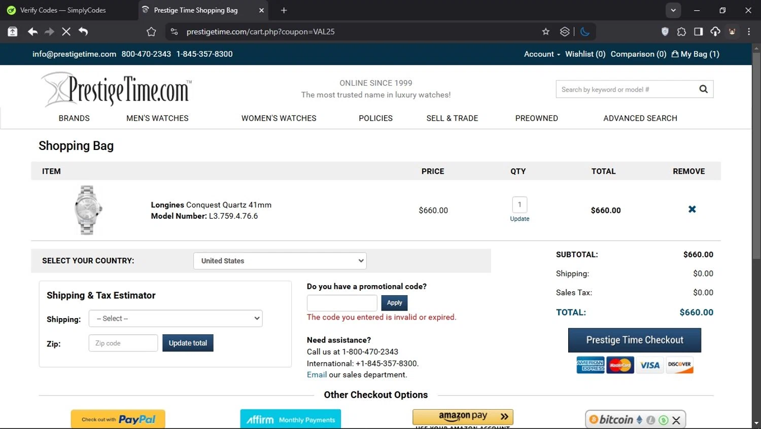 PrestigeTime promo code screenshot showing code VAL25 applied at PrestigeTime checkout page. Uploaded by SimplyCodes community member ValiantHunter5929 on Feb 26, 2025