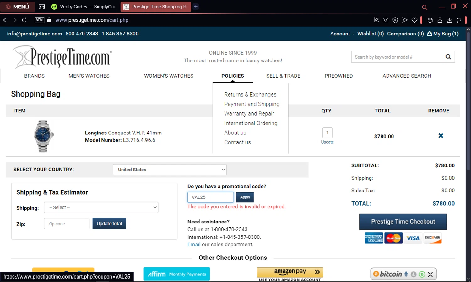 PrestigeTime promo code screenshot showing code VAL25 applied at PrestigeTime checkout page. Uploaded by SimplyCodes community member elpuma on Feb 26, 2025