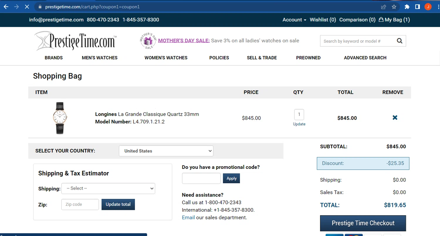 PrestigeTime promo code screenshot showing code MOM25 applied at PrestigeTime checkout page. Uploaded by SimplyCodes community member FranquizJoel on May 1, 2025