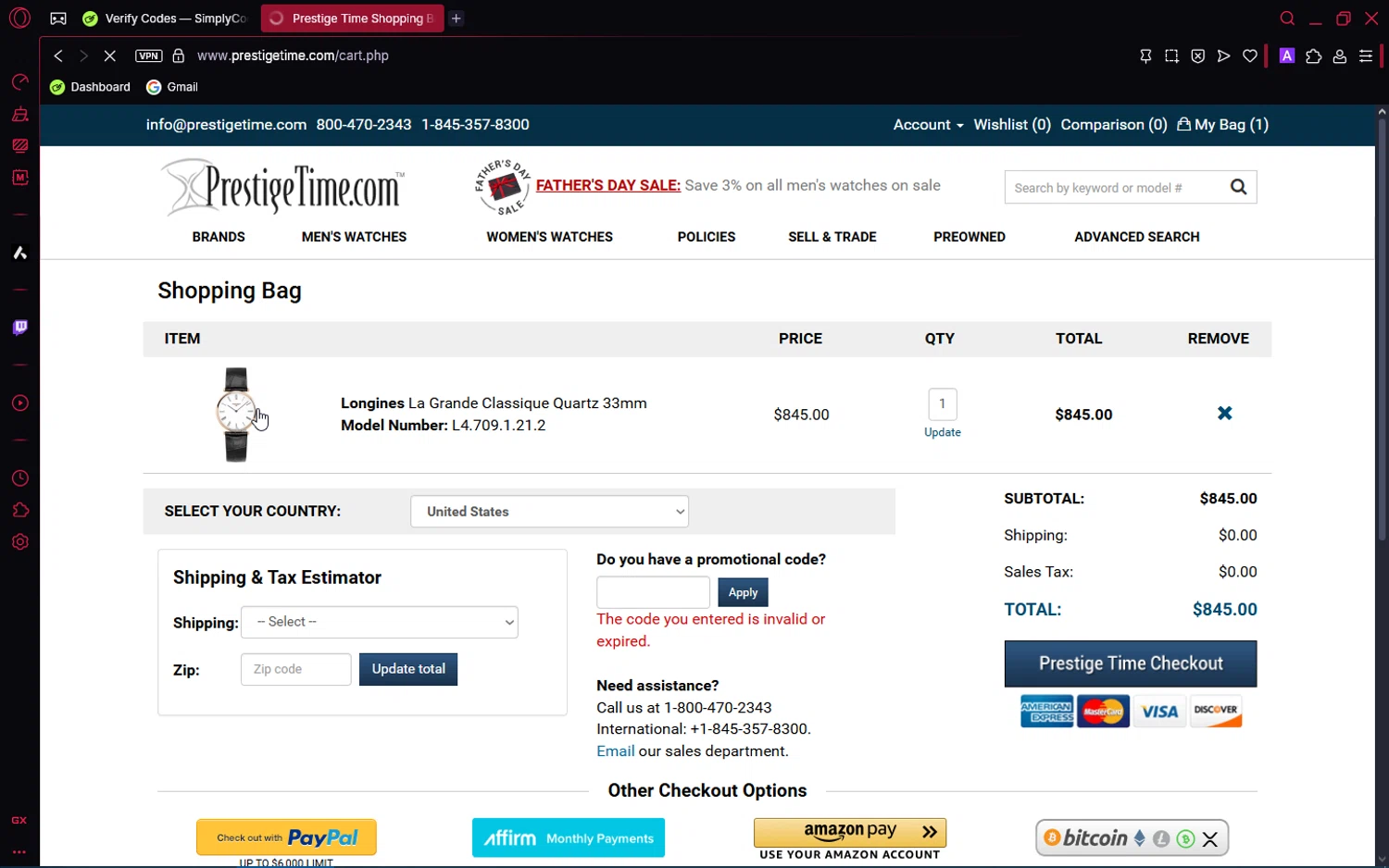 PrestigeTime promo code screenshot showing code MOM25 applied at PrestigeTime checkout page. Uploaded by SimplyCodes community member Pioneer1 on May 30, 2025