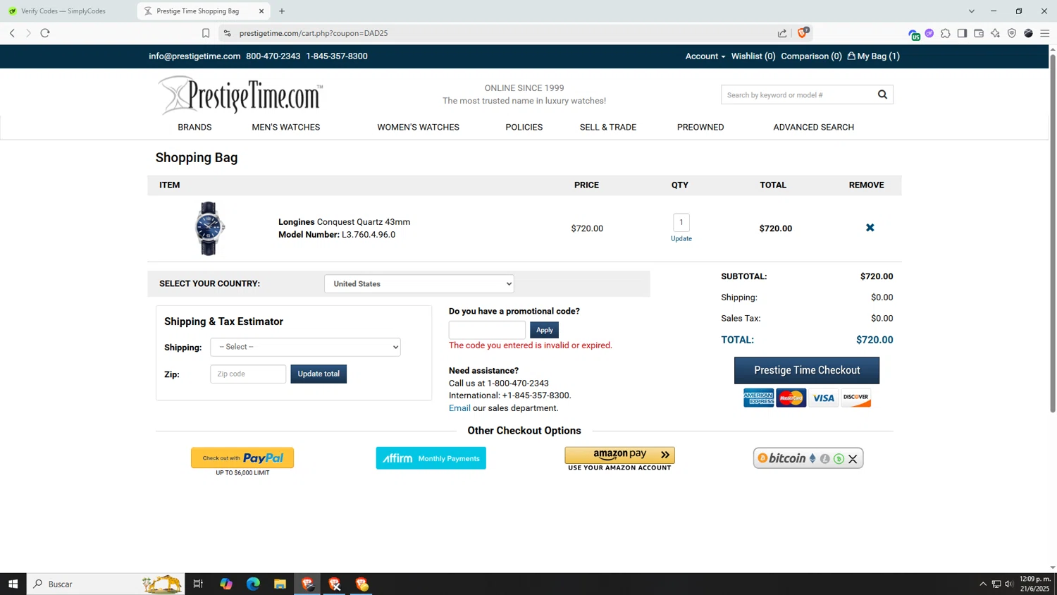 PrestigeTime promo code screenshot showing code DAD25 applied at PrestigeTime checkout page. Uploaded by SimplyCodes community member AnthonyGTX on Jun 21, 2025
