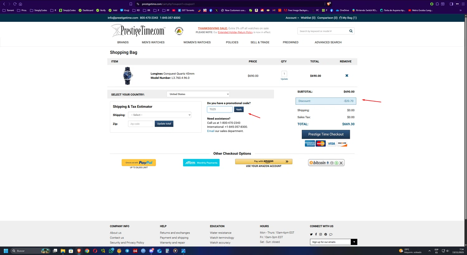 PrestigeTime promo code screenshot showing code TG25 applied at PrestigeTime checkout page. Uploaded by SimplyCodes community member UnkNownVnzla on Nov 13, 2025