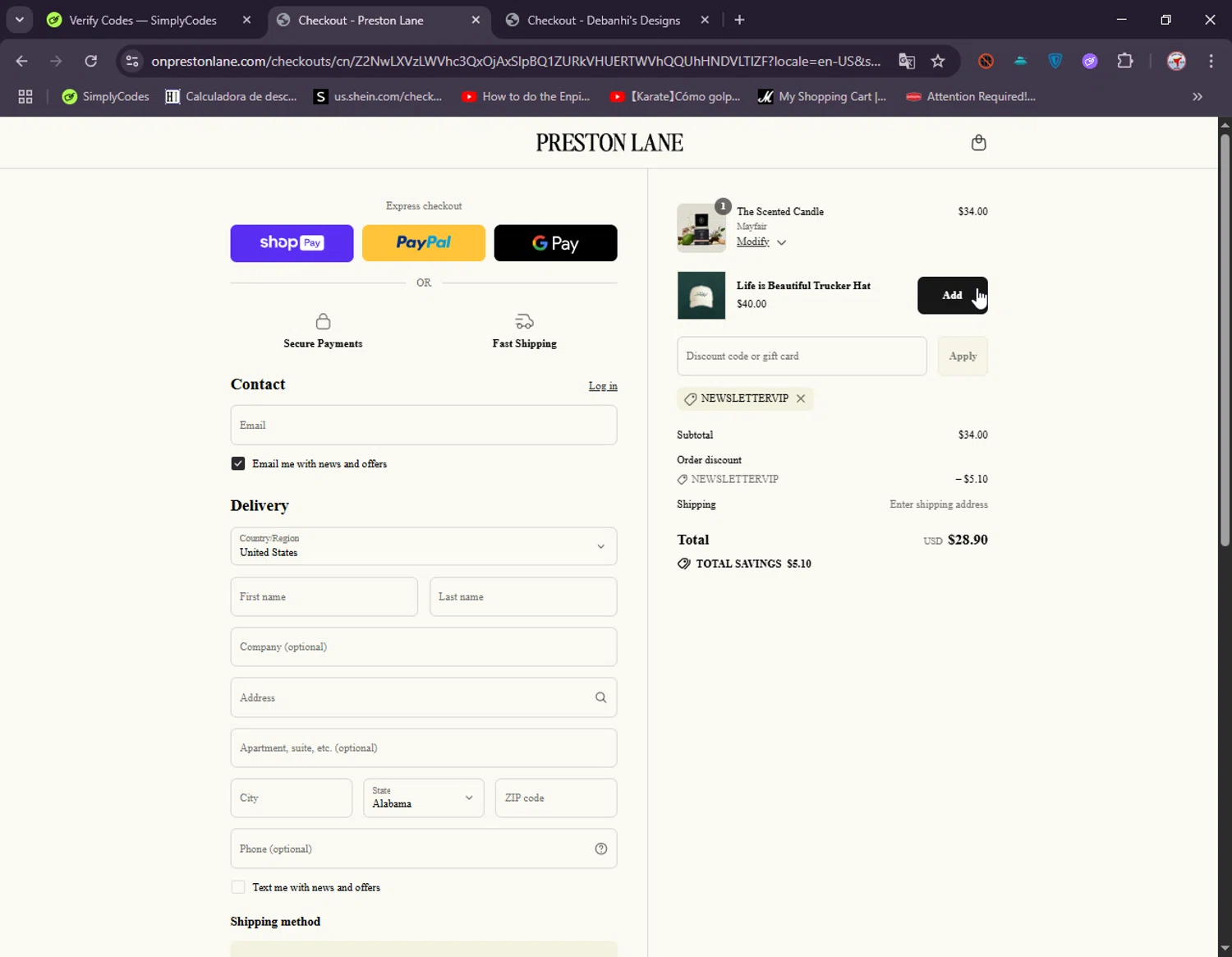 Preston Lane promo code screenshot showing code NEWSLETTERVIP applied at Preston Lane checkout page. Uploaded by SimplyCodes community member ElIntrepidoVolador on Jul 4, 2025
