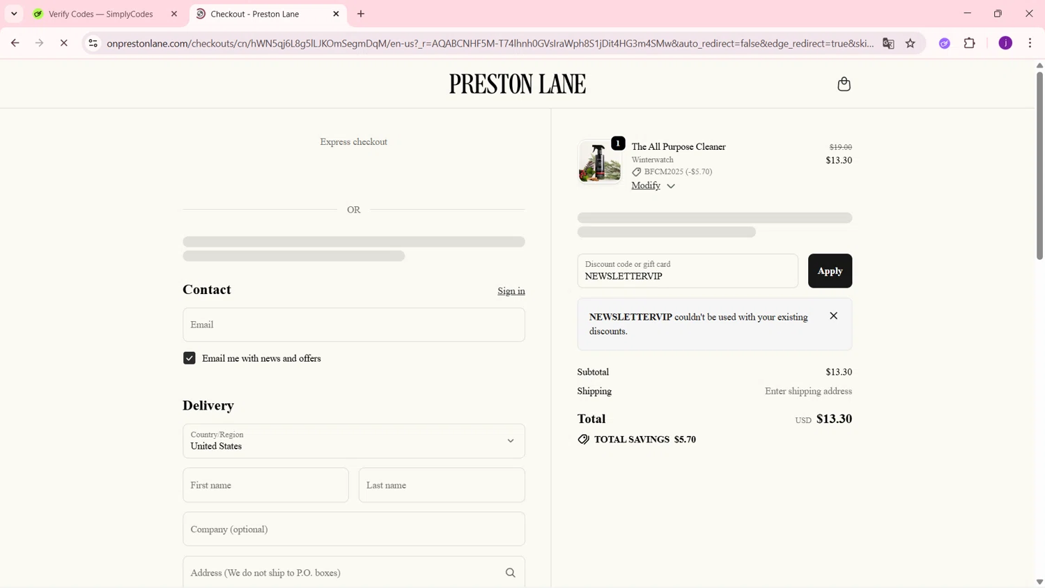 Preston Lane promo code screenshot showing code NEWSLETTERVIP applied at Preston Lane checkout page. Uploaded by SimplyCodes community member MagnificentSleuth912 on Nov 29, 2025