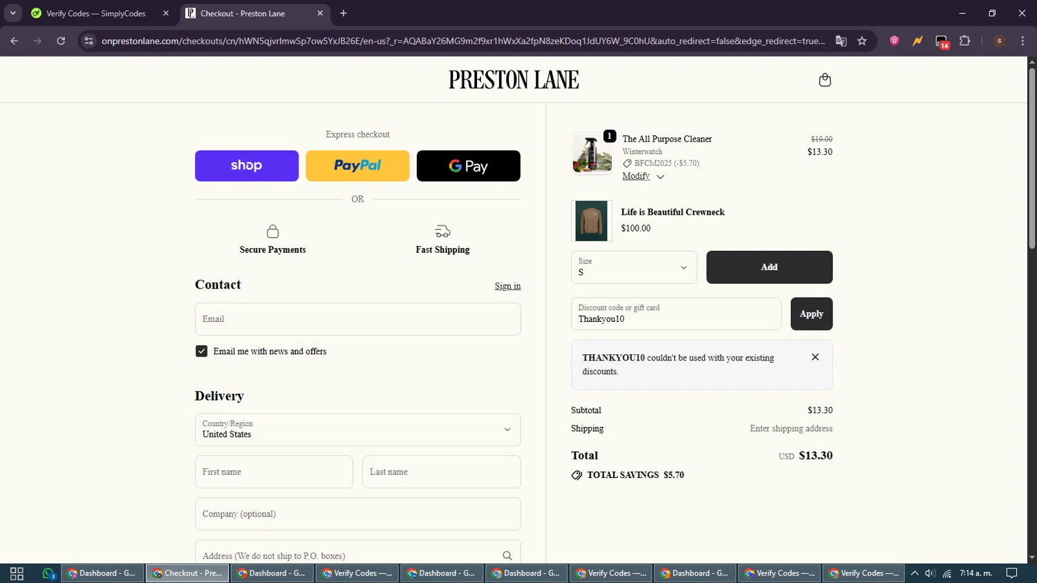 Preston Lane promo code screenshot showing code Thankyou10 applied at Preston Lane checkout page. Uploaded by SimplyCodes community member GoldSentinel1426 on Nov 29, 2025