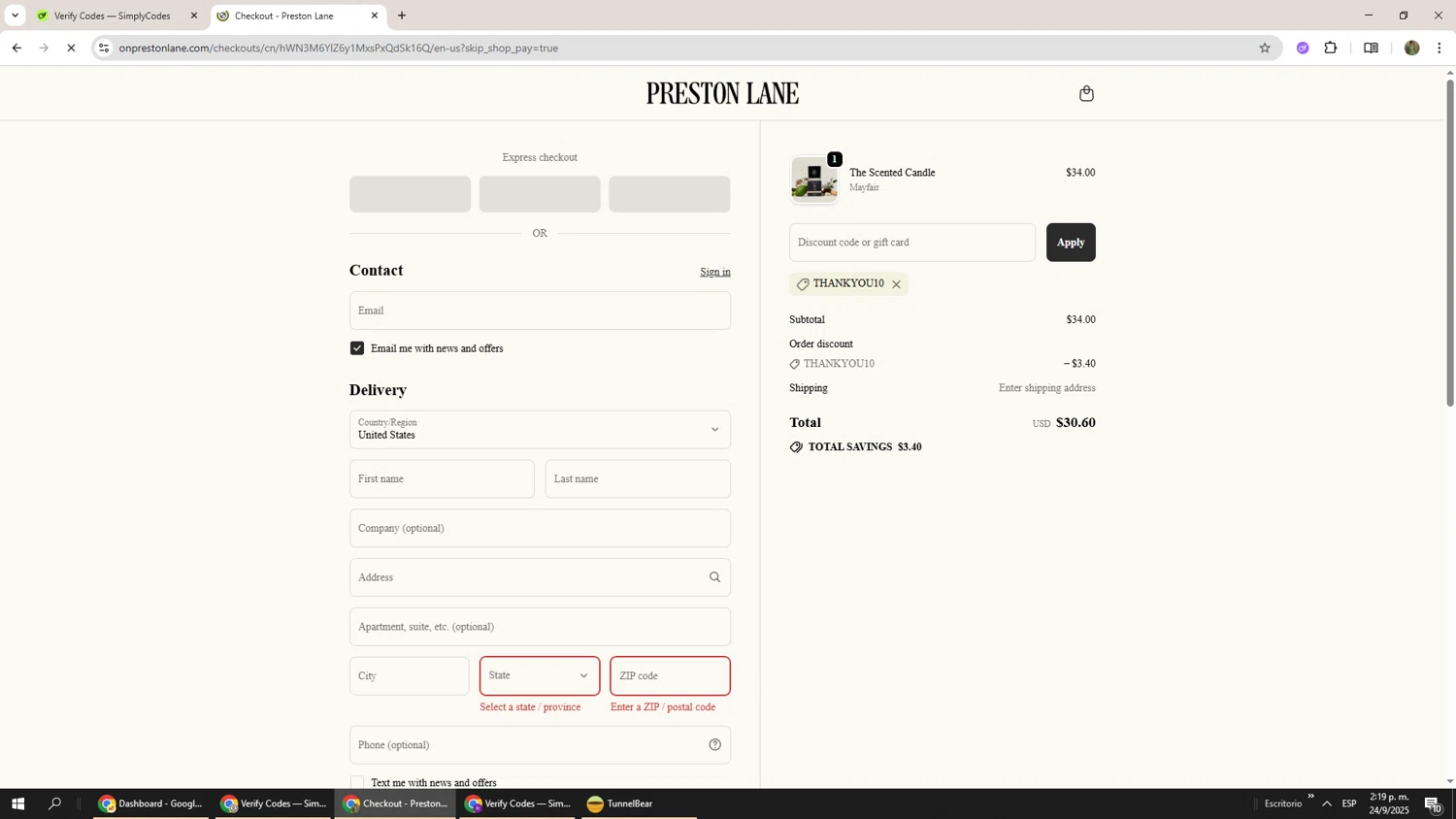 Preston Lane promo code screenshot showing code Thankyou10 applied at Preston Lane checkout page. Uploaded by SimplyCodes community member Phoenix585 on Sep 24, 2025